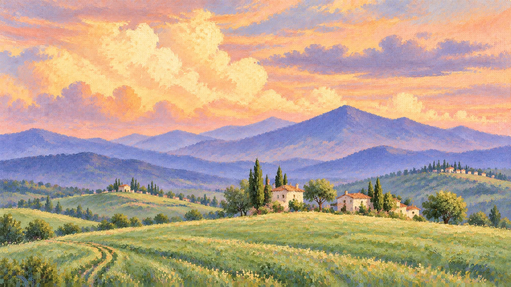 Painted Mediterranean hills and a village under a sunset sky